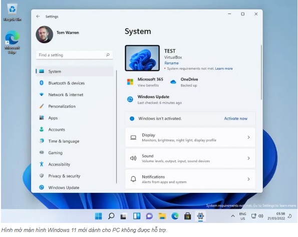 Xuất hiện cảnh báo Watermark (hình mờ) trên màn hình máy tính không được hỗ trợ cài đặt Windows 11